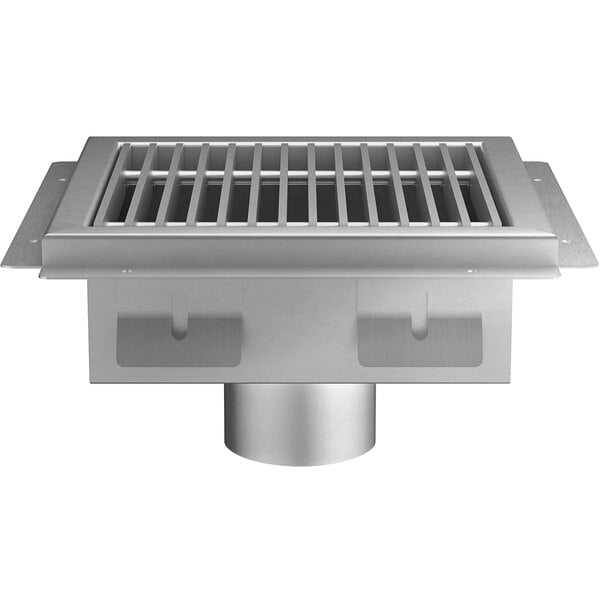 A close-up of a Regency stainless steel floor sink drain grate with a removable grill cover.
