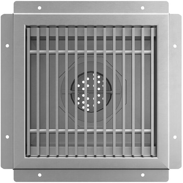 A Regency stainless steel floor sink grate with metal bars.