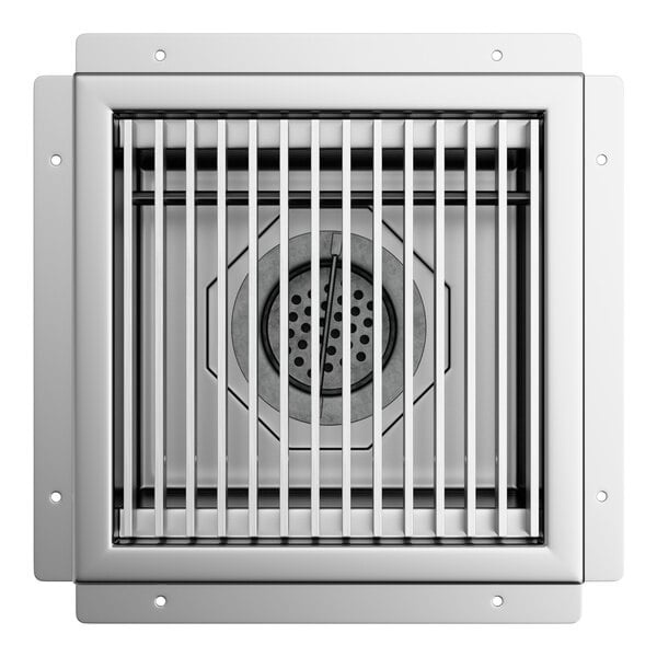 A 12-inch by 12-inch stainless steel floor sink with a removable grate.