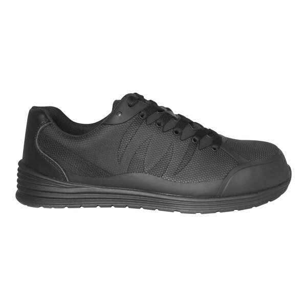 A black athletic shoe with a textured upper, lace-up design, and a thick, ridged sole.