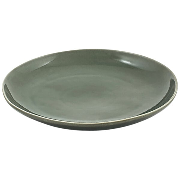 A close-up of a leek green porcelain plate with a rim.