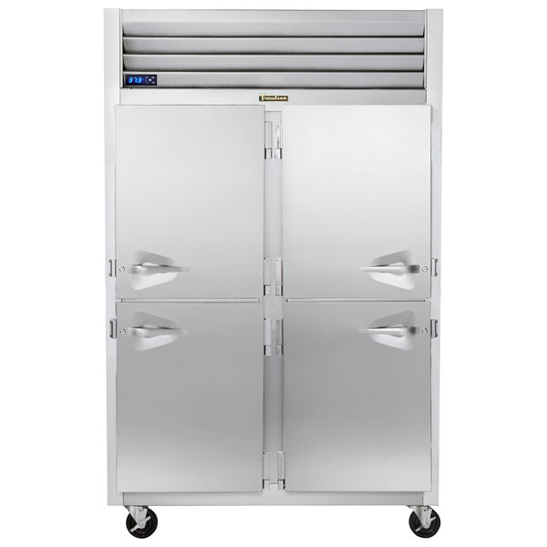 A Traulsen G Series reach-in refrigerator with half doors.