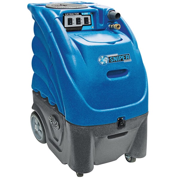 A blue and black Sandia carpet extractor machine with wheels.