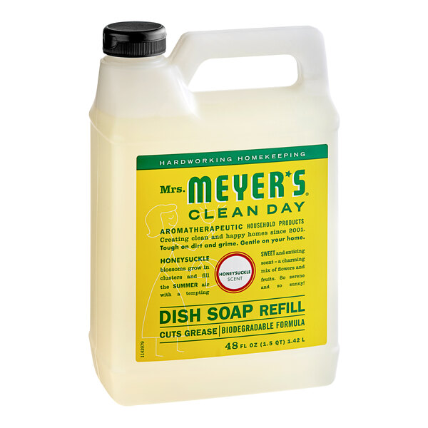 A white plastic bottle of Mrs. Meyer's Honeysuckle dish soap refill with a yellow label.
