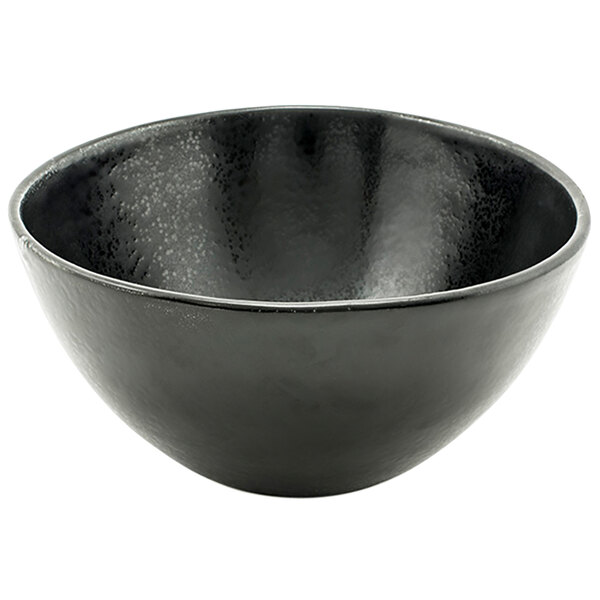 A black Front of the House Kiln porcelain bowl with a white background.