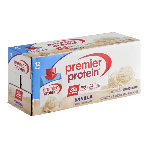 A 12-pack case of Premier Protein Vanilla Protein Shake, each bottle containing 11 fl. oz.