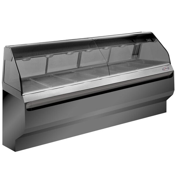 An Alto-Shaam stainless steel heated display case with curved glass doors on a counter.