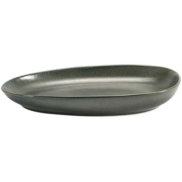 A close-up of a black oval porcelain plate with a dark gray rim.