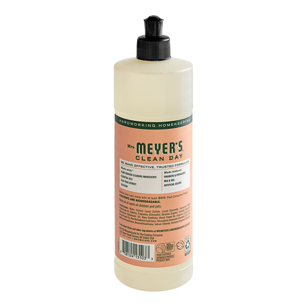 A 16 oz. bottle of Mrs. Meyer's geranium scented dish soap with a black lid.