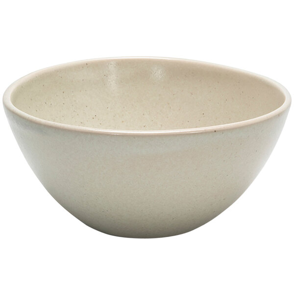 A white porcelain bowl with a speckled rim.