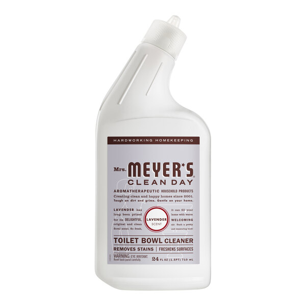 A white bottle of Mrs. Meyer's Lavender Toilet Bowl Cleaner with a label.