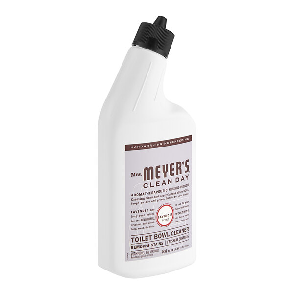 A white Mrs. Meyer's Clean Day Lavender toilet bowl cleaner bottle with a brown label and a black cap.