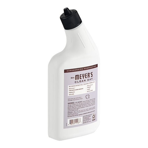 A white bottle of Mrs. Meyer's Clean Day Lavender Toilet Bowl Cleaner with a black label and cap.