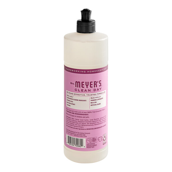 A white bottle of Mrs. Meyer's Peony Scented Dish Soap with a purple label.