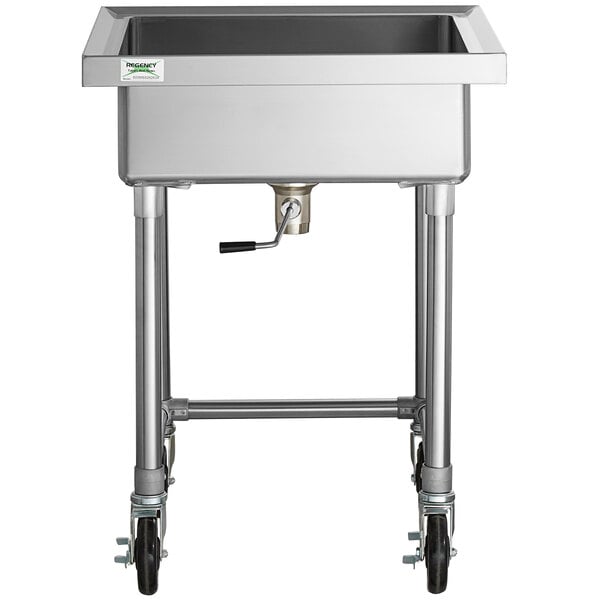 A Regency stainless steel mobile silverware soaking sink with wheels.