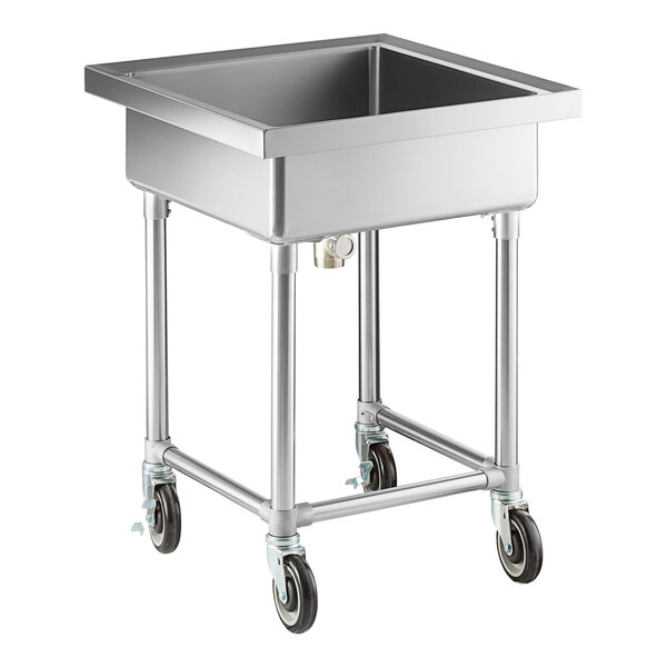A stainless steel sink with a deep square basin, four legs, and four caster wheels for mobility.