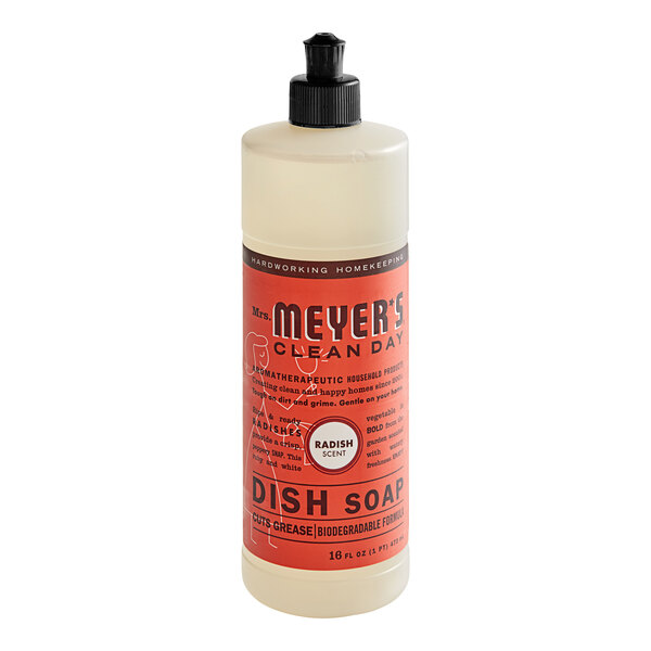 A white bottle of Mrs. Meyer's radish scented dish soap with a red label.