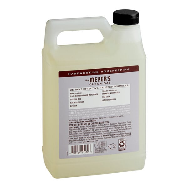 A white plastic jug of Mrs. Meyer's Clean Day Lavender Scented dish soap with a label.