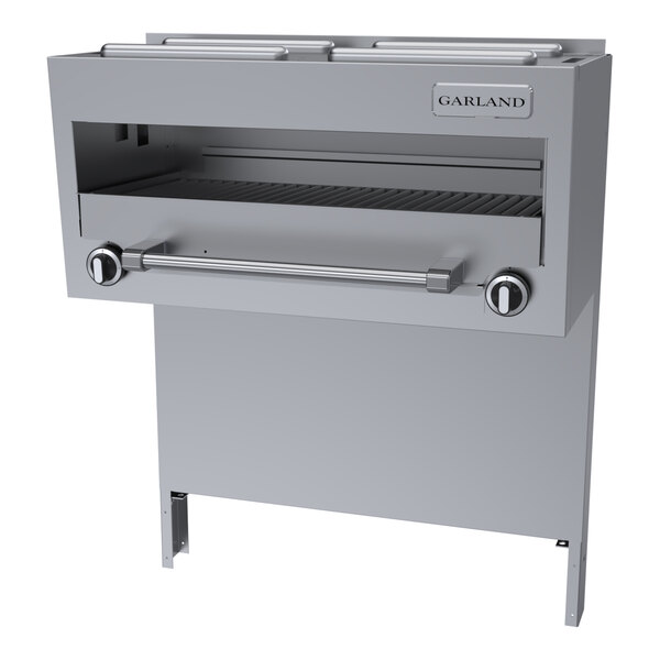 A stainless steel range-mount infra-red salamander broiler with control knobs and a grilling surface.