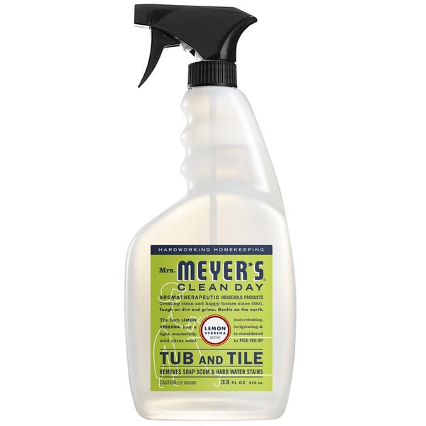 A Mrs. Meyer's Clean Day Lemon Verbena Tub and Tile Cleaner spray bottle with a green label and black sprayer.