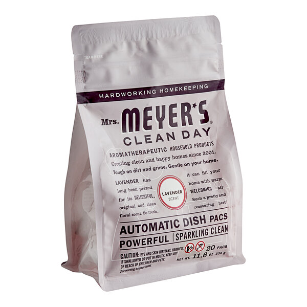 A white bag of Mrs. Meyer's Clean Day Lavender Dishwasher Pacs with black and red text.