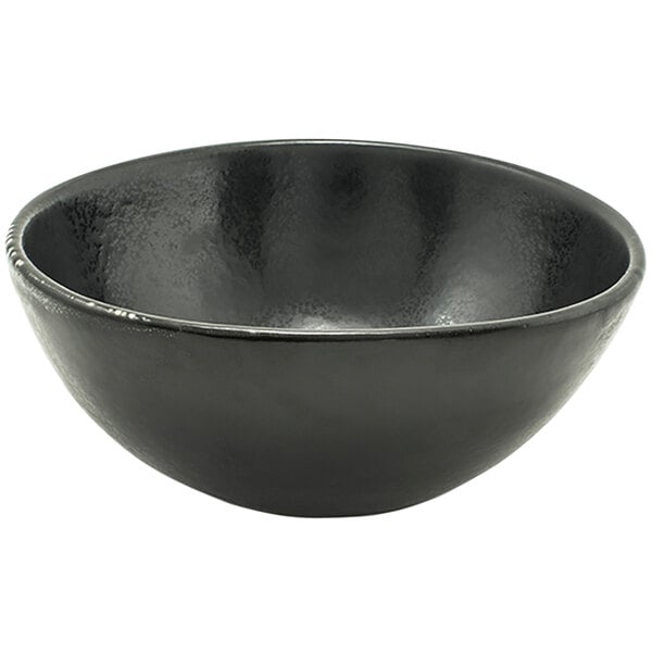A black oval porcelain bowl with a black rim on a white background.