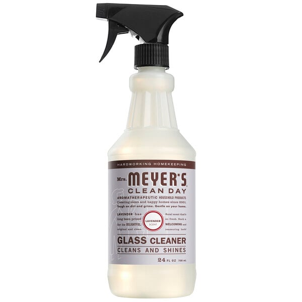 A white Mrs. Meyer's Clean Day glass cleaner bottle with a black sprayer.