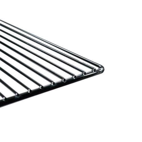 A chrome wire shelf for a refrigerator with a black metal grid.