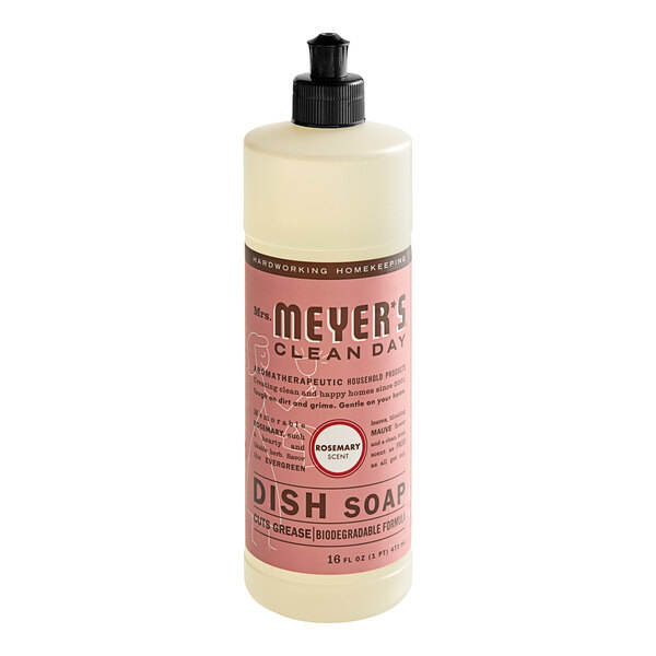 A bottle of Mrs. Meyer's Rosemary Scented dish soap on a counter.