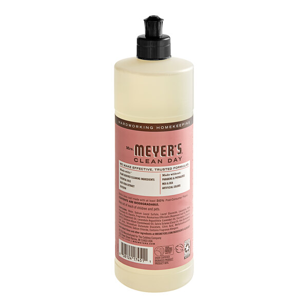 A case of 6 Mrs. Meyer's Rosemary Scented dish soap bottles with black lids on a counter.