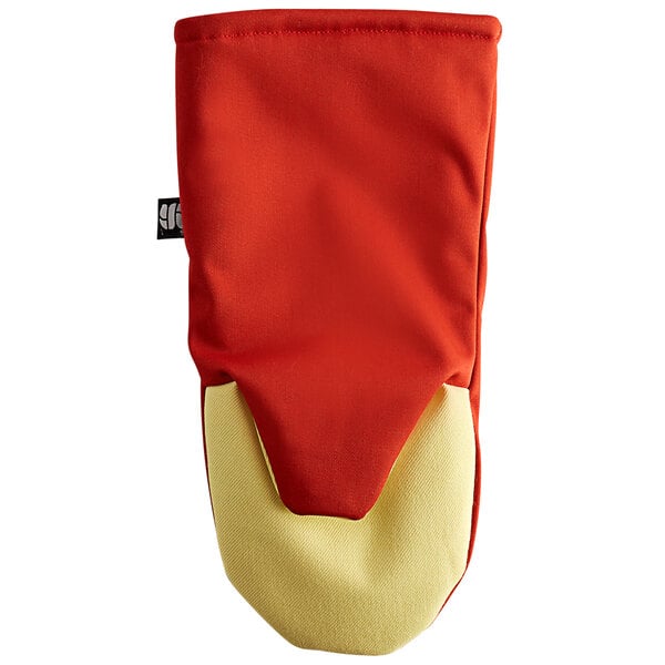 A red and yellow San Jamar Cool Touch 13" oven mitt.