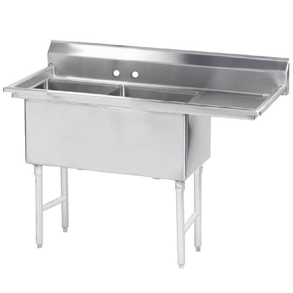 An Advance Tabco stainless steel two compartment pot sink with right drainboard.