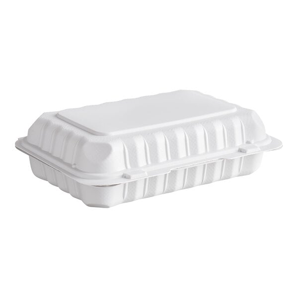 A white Ecopax hinged take-out container with one compartment and a lid.