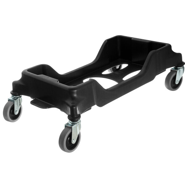 A black plastic Carlisle Trimline trash can dolly with wheels.