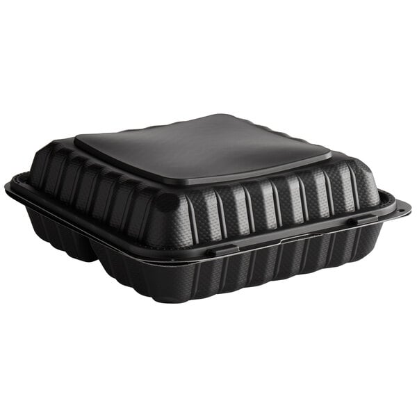 A black Ecopax plastic take-out container with three compartments and a lid.
