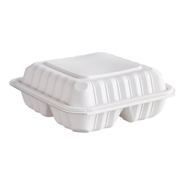 A white Ecopax plastic hinged take-out container with 3 compartments.