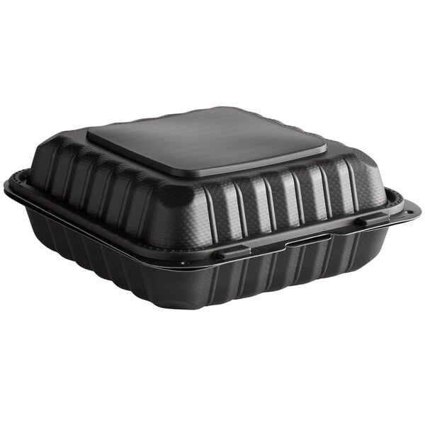 A black Ecopax plastic hinged take-out container with one compartment and a lid.