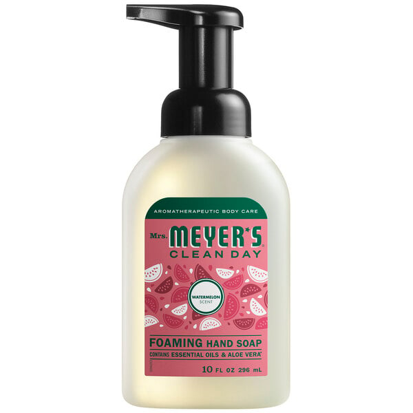 A white Mrs. Meyer's Clean Day Watermelon Foaming Hand Soap bottle with a black pump.