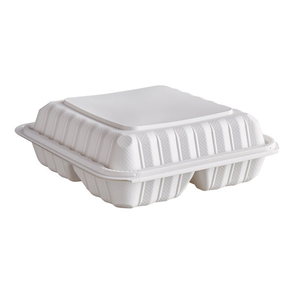 A white plastic hinged take-out container with 3 compartments.