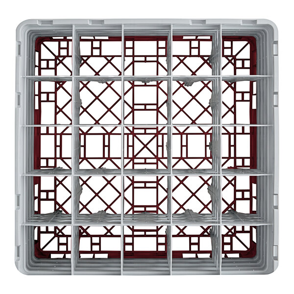 A white and red plastic Cambro glass rack with extenders.