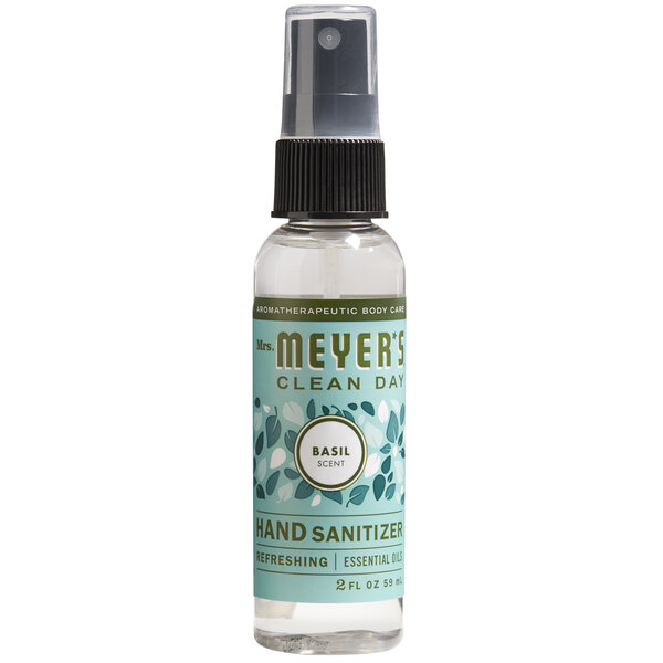 A bottle of Mrs. Meyer's Basil Hand Sanitizer.