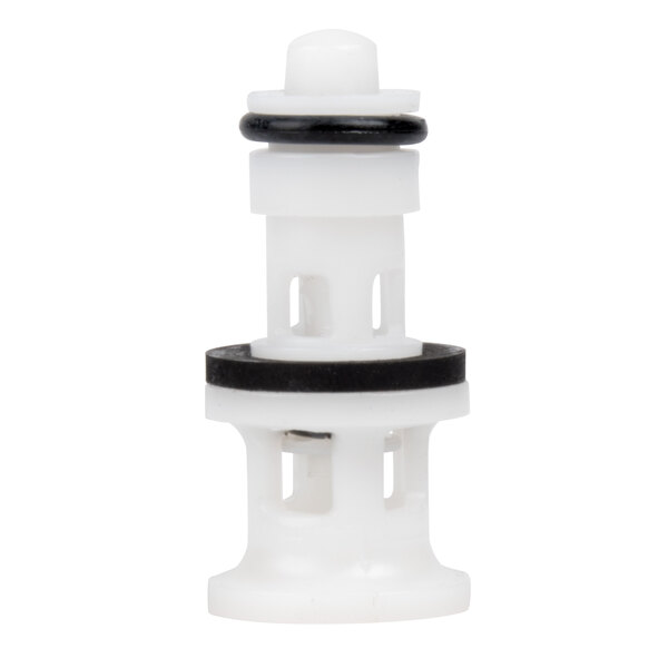 A close-up of a white and black plastic valve repair kit for a T&S JeTSpray pre-rinse spray valve.