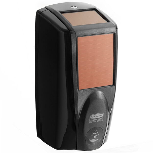 A black rectangular Rubbermaid Lumecel soap dispenser with a brown screen.