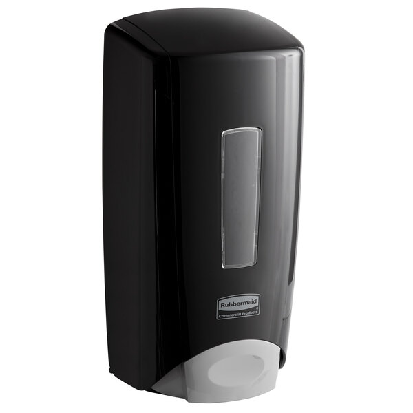 A close-up of a black Rubbermaid Flex&#8482; manual soap dispenser with a clear plastic cover.