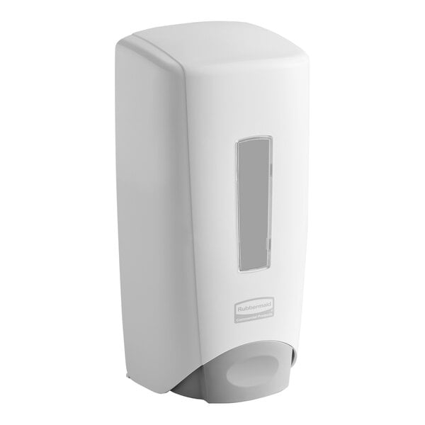 A white Rubbermaid Flex manual soap dispenser.