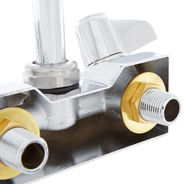 A close up of an Equip by T&amp;S wall mounted faucet with gooseneck spout and lever handles.