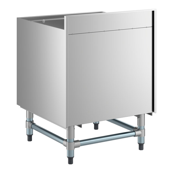 A stainless steel beer box with a 3-inch backsplash and sturdy metal legs.