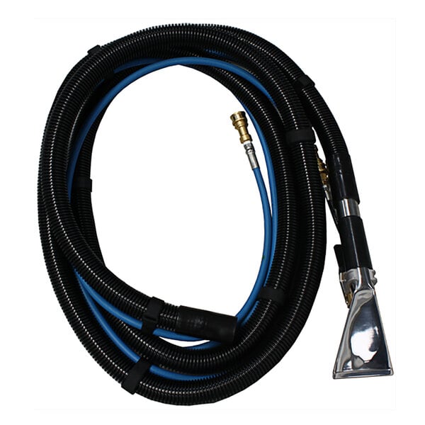 a black and blue hose with a silver tip