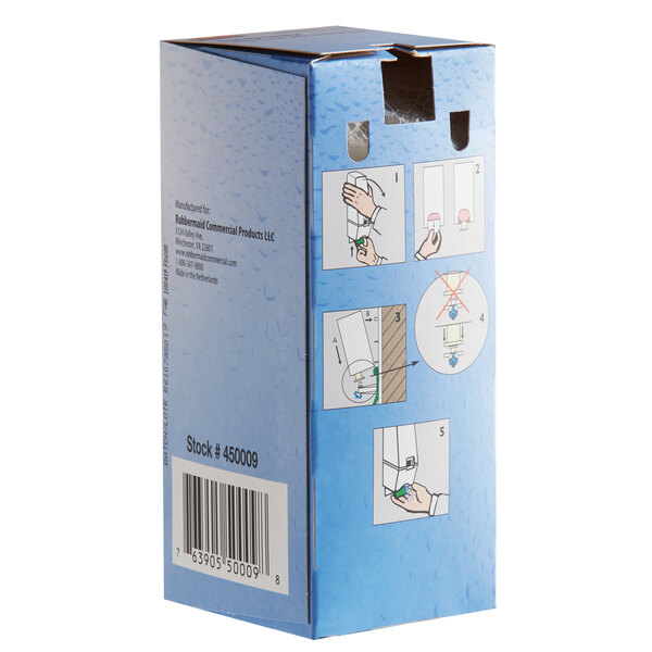 A blue and white box of Rubbermaid Manual Spray Hand Soap Refill with a diagram on it.