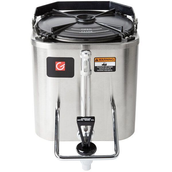 A Grindmaster stainless steel coffee shuttle with a black lid.